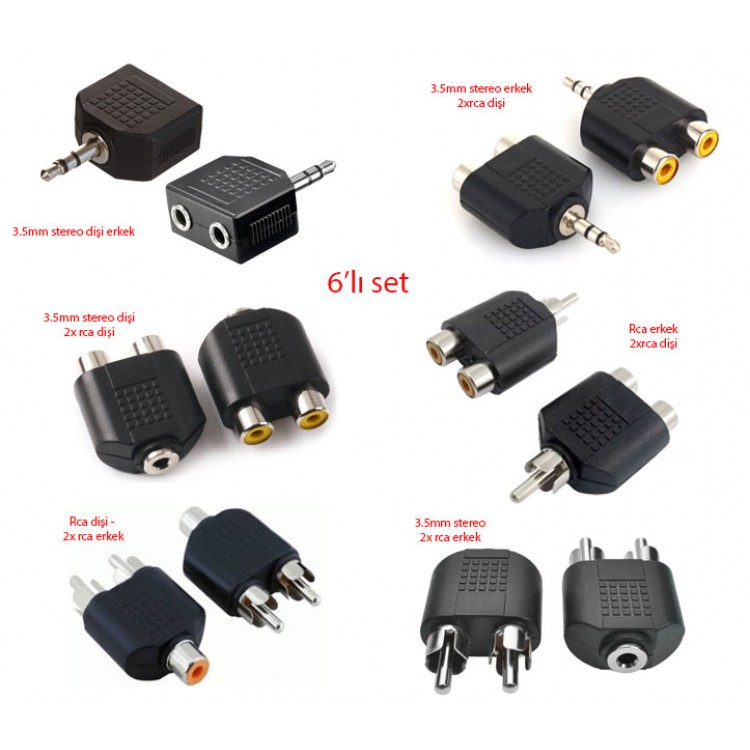 3.5mm strereo - rca dişi erkek çevirici 6'lı set 3.5mm strereo - rca dişi erkek çevirici 6'lı set