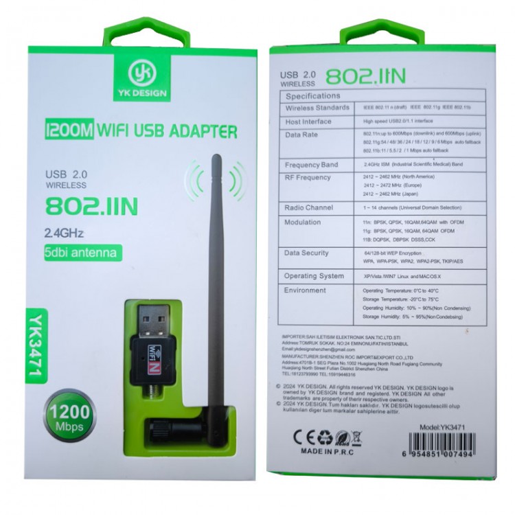 1200 Mbps 2.4 GHz usb 2.0 wifi adapter 5 dbı antenli usb wifi adapter