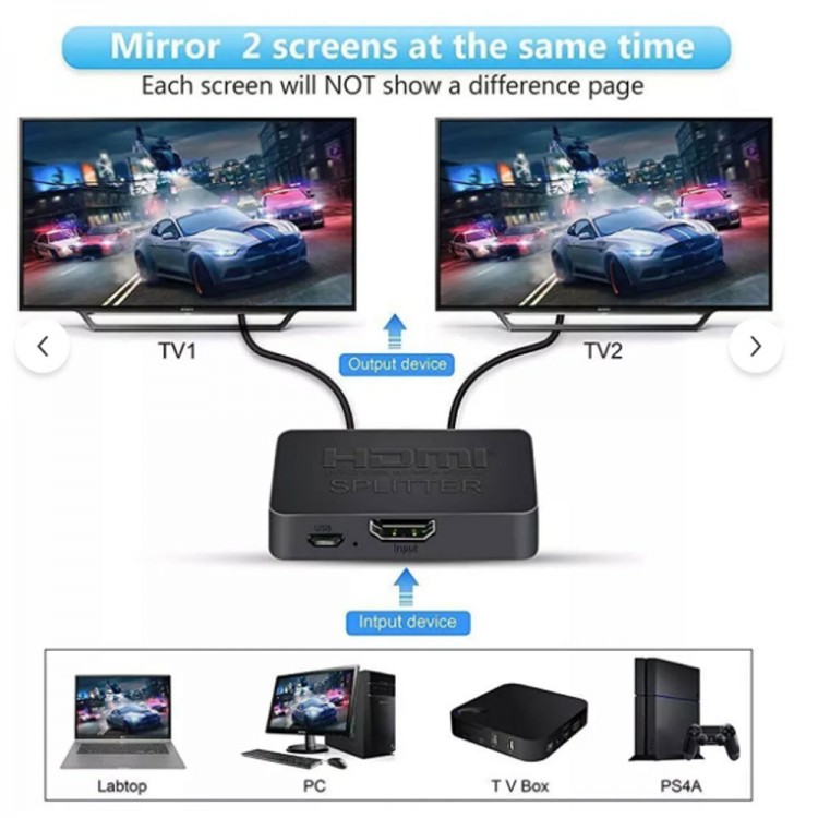 2 port HDMI Splitter 4K 1 Giriş 2 Çıkış + USB Güç Kablosu