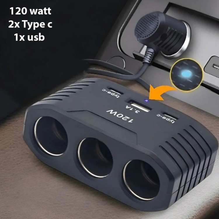 3 port Araç çakmak çoğaltıcı 2 type c 1 usb şarj girişleri 120w 3 port Araç çakmak çoğaltıcı 2 type c 1 usb şarj girişleri 120w