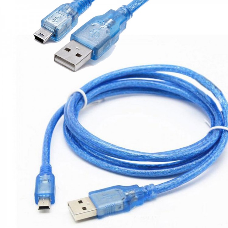5 pin mini usb şarj ve data kablosu şeffaf mavi renk 1m