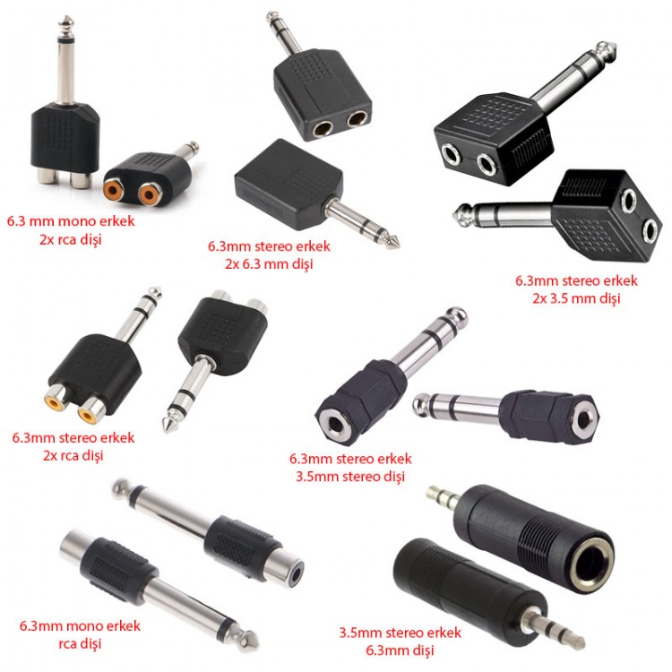 6.3 mm jak 3.5mm stereo jak rca dişi erkek çevirici jak 7'li set 6.3 mm jak 3.5mm stereo jak rca dişi erkek çevirici jak 7'li set