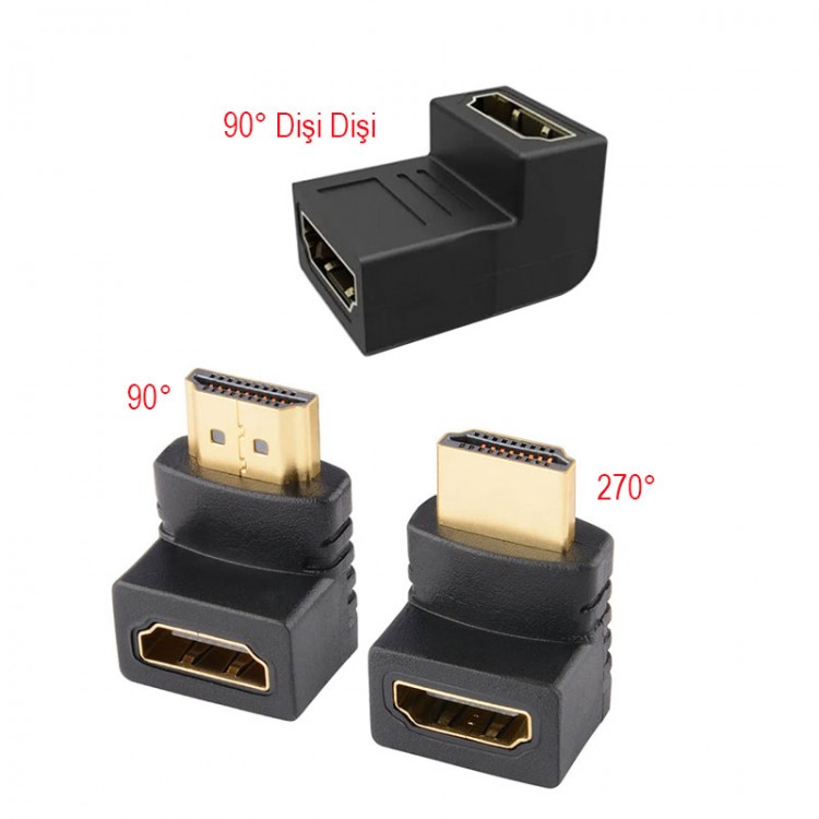 Hdmı L tipi set hdmı 90° ve 270° hdmi dişi dişi dönüştürücü 3 lü set