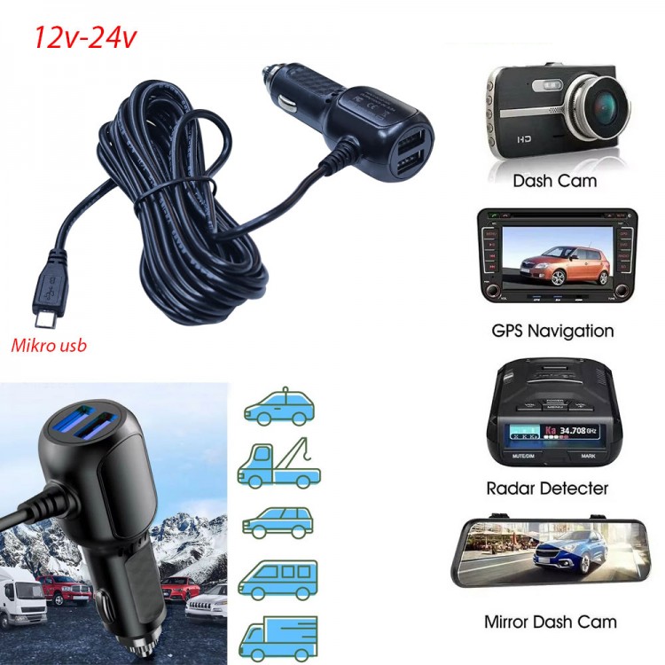 Mikro usb Navigasyon kamera için araç şarj adaptörü 5v 3.5A 2port usb