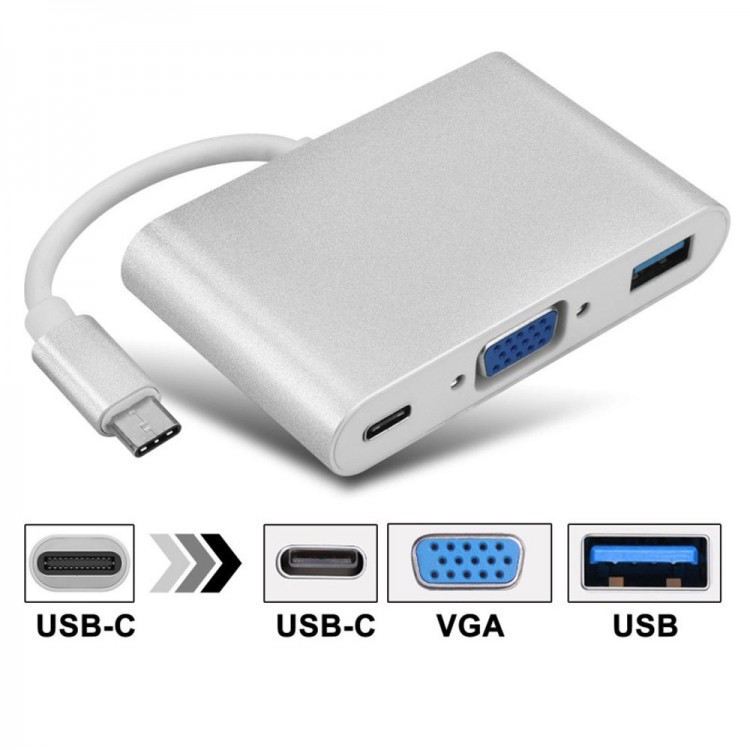 Type-C - USB 3.0, VGA, Type-C Adaptör Kablosu 3in1 hub