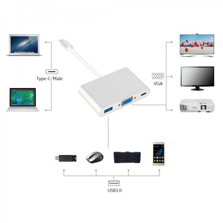 Type-C - USB 3.0, VGA, Type-C Adaptör Kablosu 3in1 hub