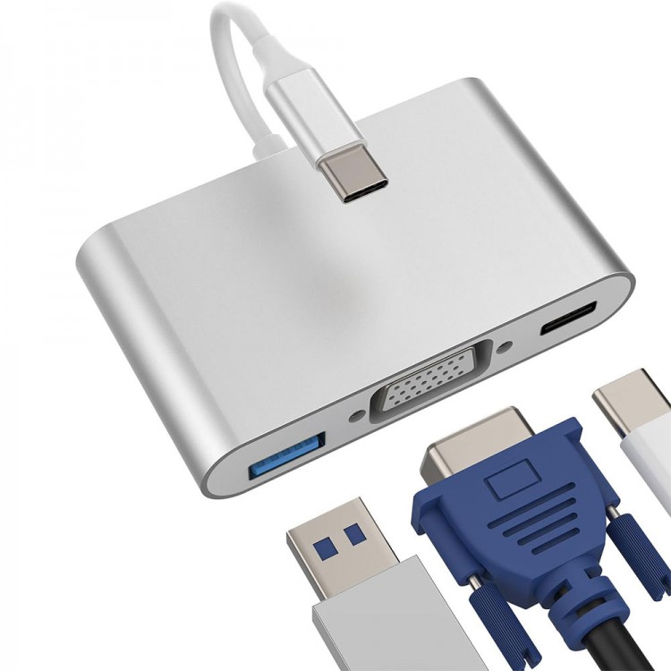 Type-C - USB 3.0, VGA, Type-C Adaptör Kablosu 3in1 hub