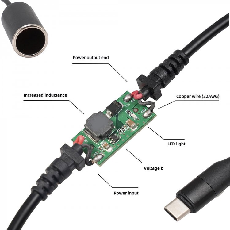 Type C to Çakmak Adaptörü, 5V -12V Araba Cihazları için Güç Kaynağı