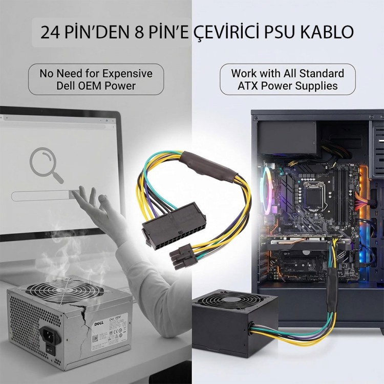 DELL Optiplex 3020 7020 9020 T1700 ile uyumlu 24 pinden 8 pine çevirici kablo DELL Optiplex 3020 7020 9020 T1700 ile uyumlu 24 pinden 8 pine çevirici kablo