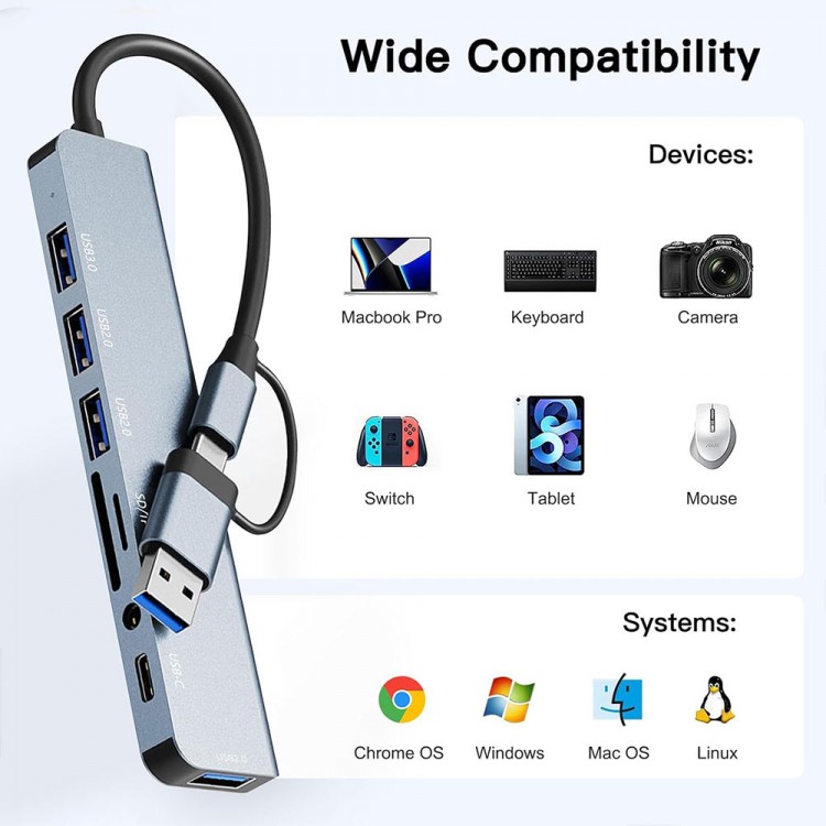 Type C Usb Hub, 8i 1 arada USB 3.0 ,2.0, Type C Veri, 3.5 Ses, SD/TF Kart Okuyucu Type C Usb Hub, 8i 1 arada USB 3.0 ,2.0, Type C Veri, 3.5 Ses, SD/TF Kart Okuyucu