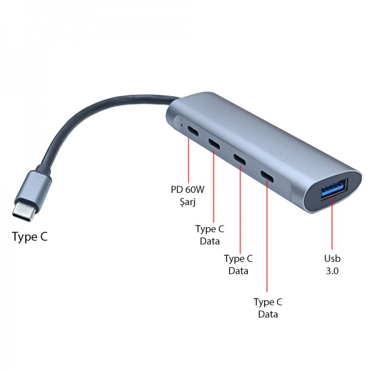 Type c usb çoklayıcı hub 3 port type c 1 port usb 3.0 1 port pd 60w şarj