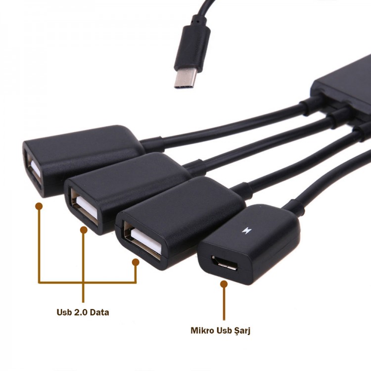 Type c otg hub 3 port usb 2.0 çoklayıcı hub + mikro usb şarj girişi Type c otg hub 3 port usb 2.0 çoklayıcı hub + mikro usb şarj girişi